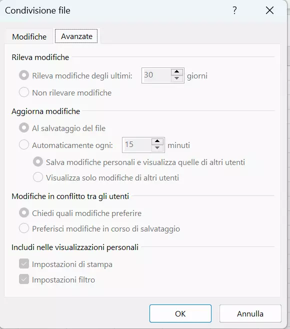 Finestra di dialogo “Condivisione file” di Excel