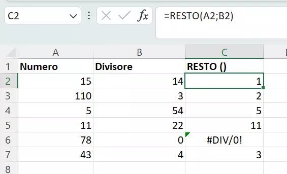 Funzione RESTO di Excel: messaggio di errore #DIV/0!