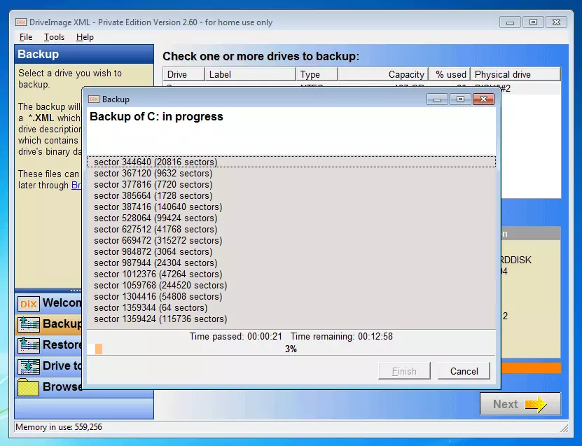 DriveImage XML 2.60: processi di backup