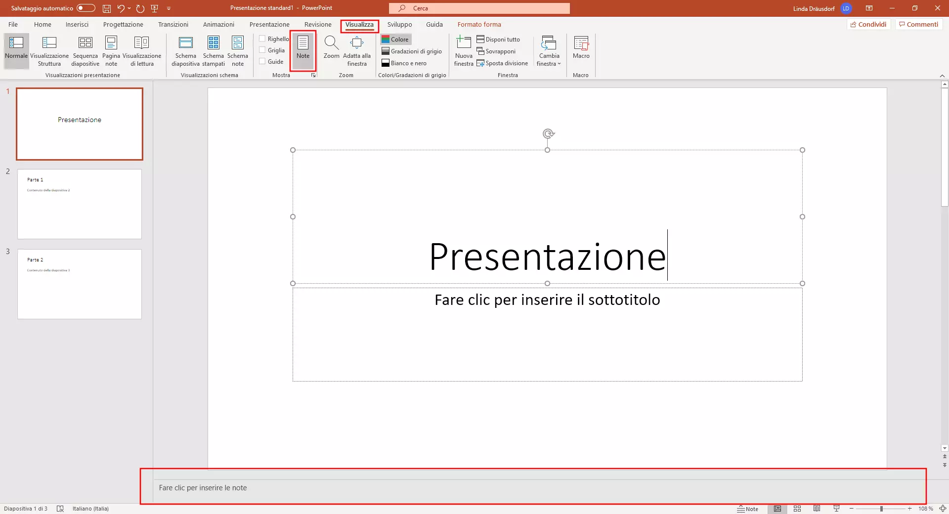 Note di PowerPoint: riquadro delle note abilitato