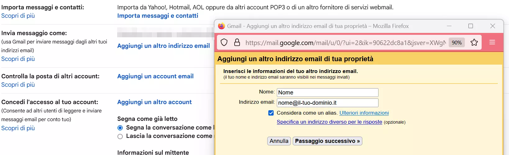 Procedura per aggiungere un nuovo indirizzo e-mail all’account Gmail