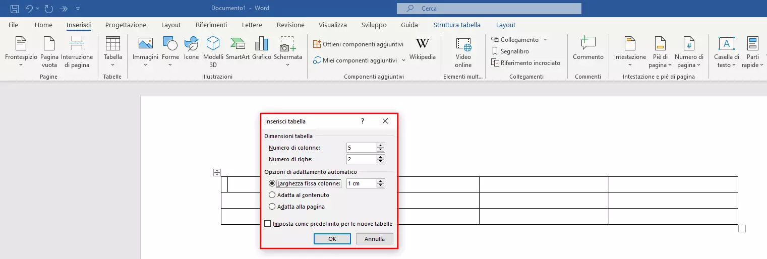 Funzione per la creazione di tabelle in Word