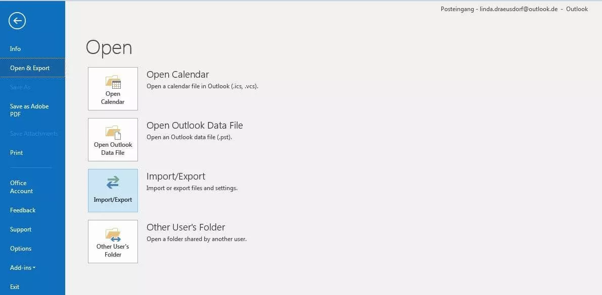 Sottomenu “Open & Export” in Outlook 2016