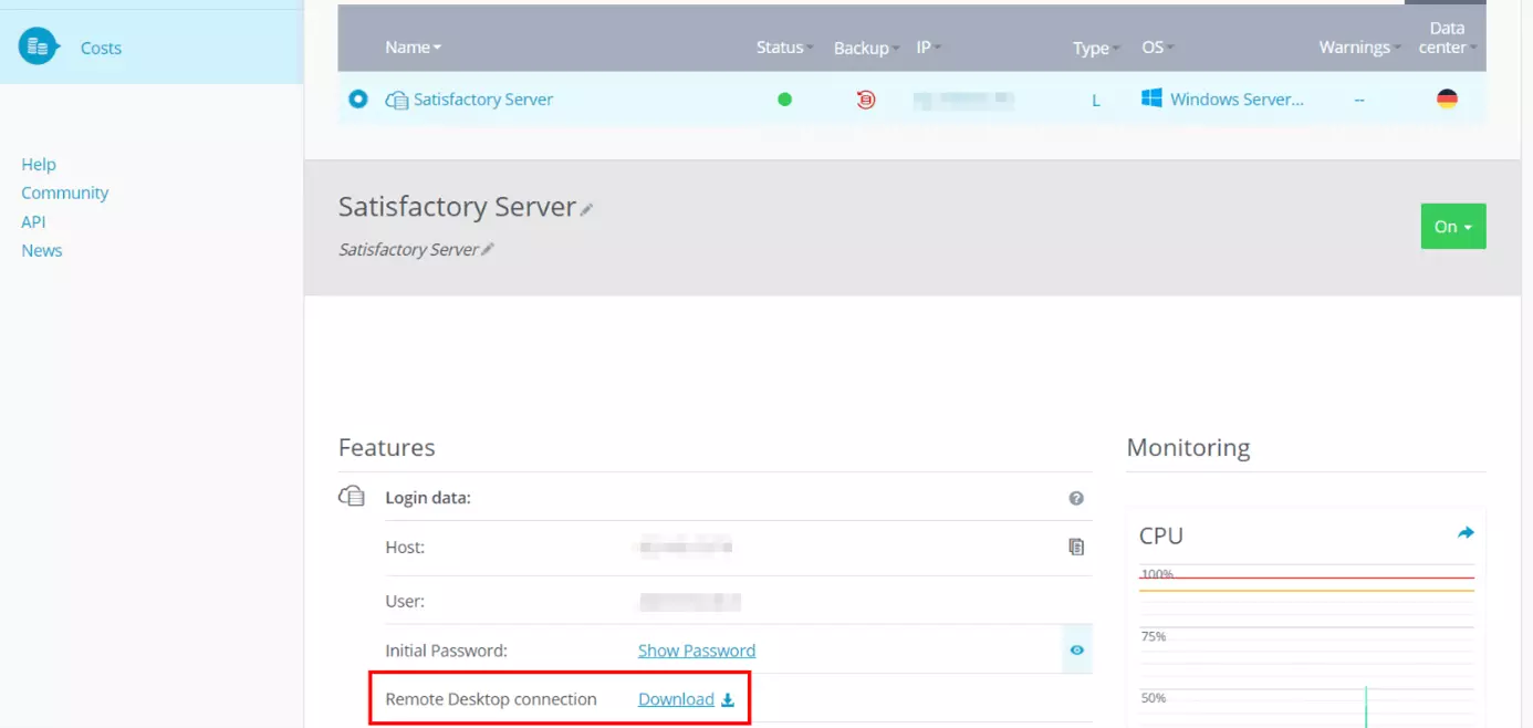 Cloud Panel di IONOS: panoramica dei dati di accesso al server