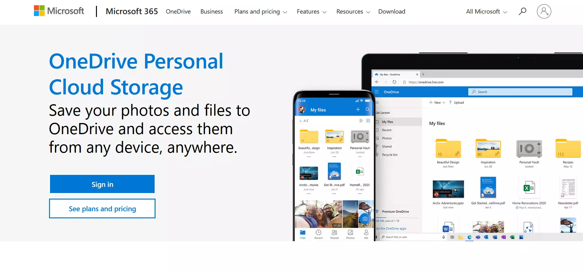 Screenshot della pagina iniziale di OneDrive