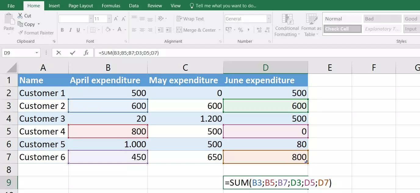 Formula della SOMMA con sei argomenti su Excel 2016