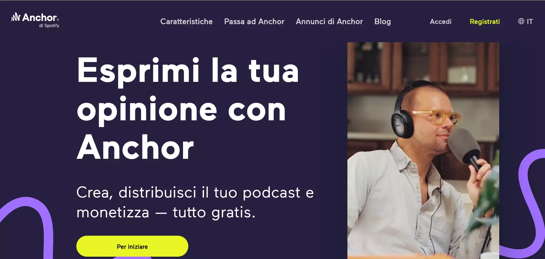 Screenshot del sito web di Anchor