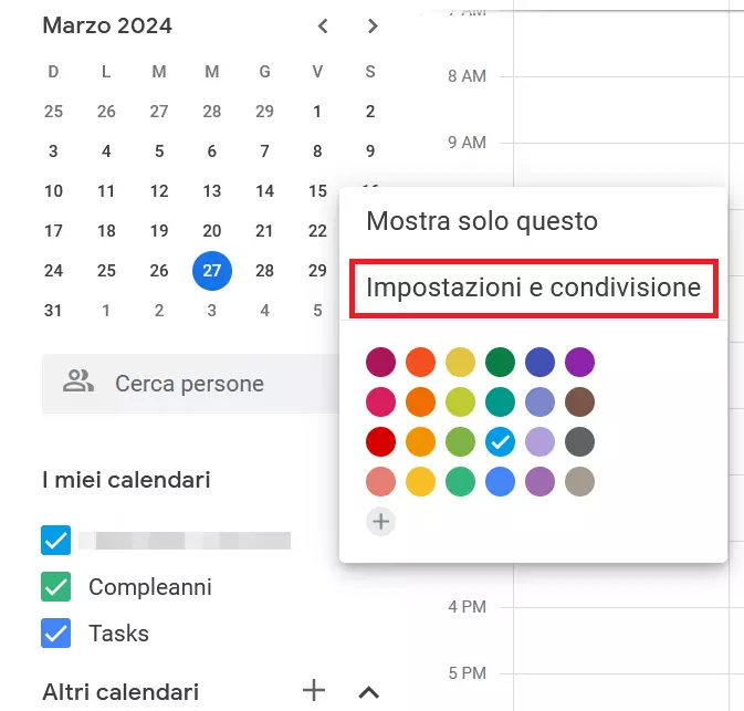 Google Calendar: menu “Impostazioni e condivisione”