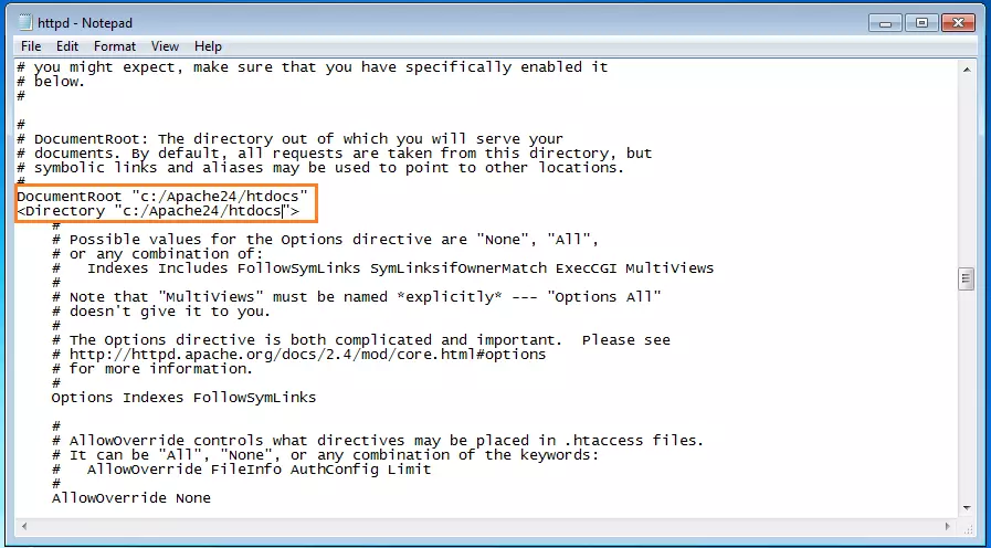 Screenshot di DocumentRoot su C:\Apache24\htdocs