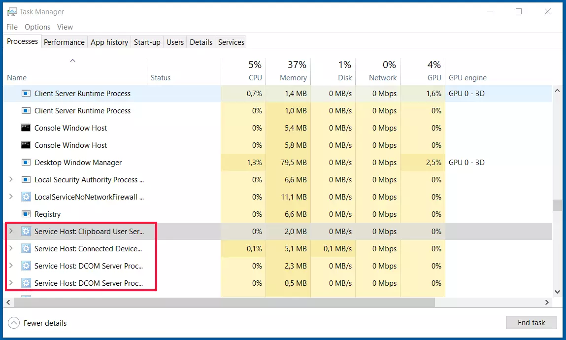 Istanza del processo host servizio (svchost.exe) nella Gestione attività di Windows 10