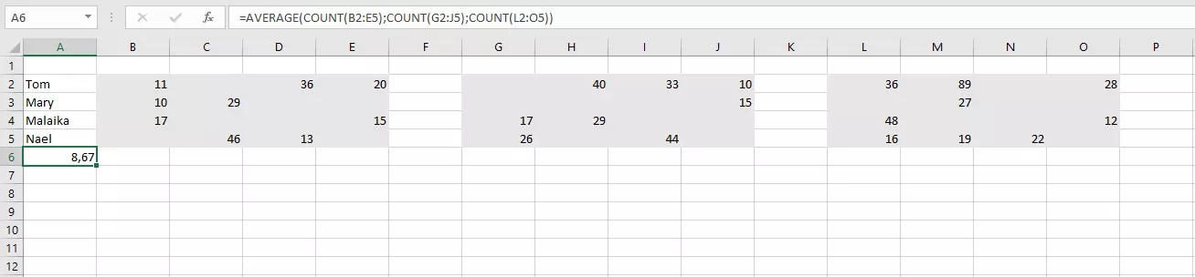 Combinazione in Excel di CONTA.NUMERI e MEDIA