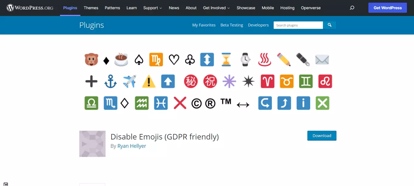 Pagina web del plugin Disable Emojis