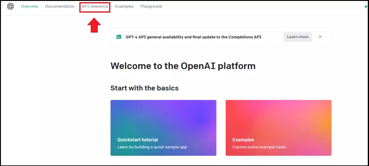 Voce di menu “API reference” nel menu di avvio di OpenAI