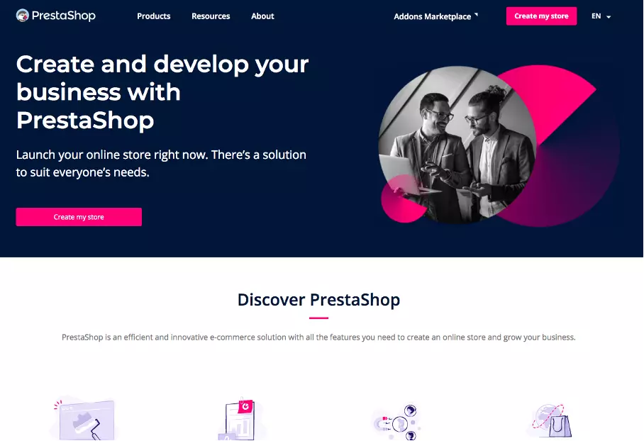 Screenshot del sito web di PrestaShop