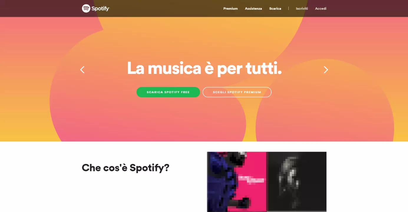 Esempio di homepage con pulsanti CTA sulla piattaforma di musica online Spotify