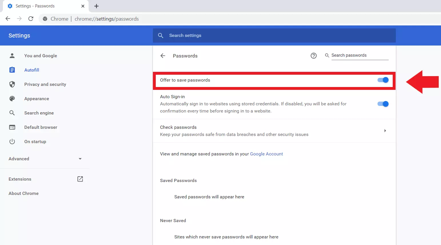 Google Chrome: menu “Password”, opzione “Chiedi di salvare le password”