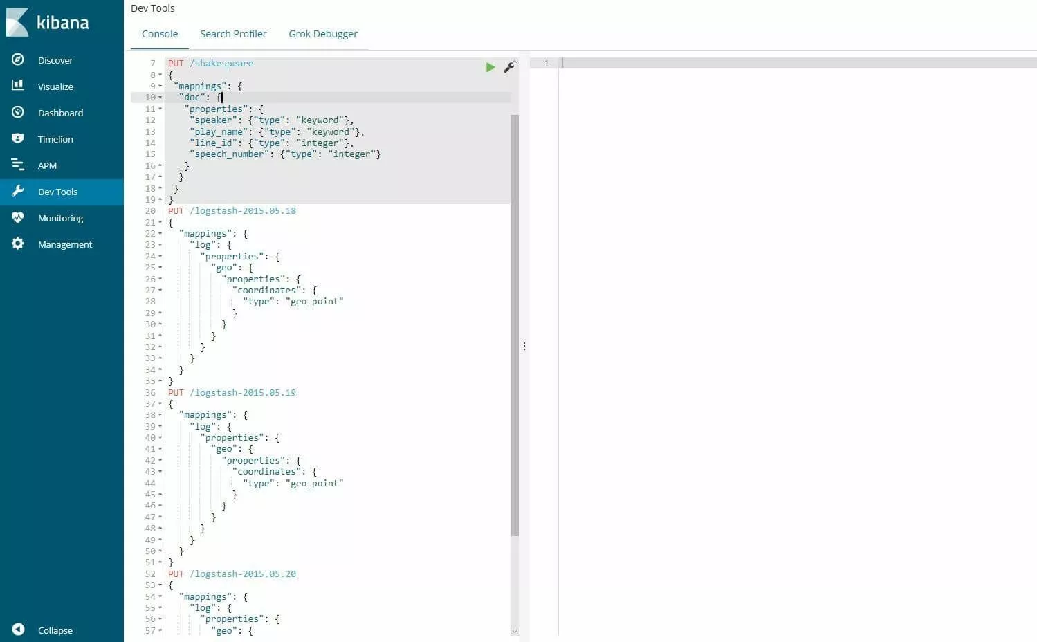 Console Kibaan: inserimento dei mapping del database