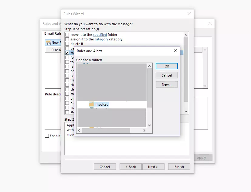 Assistente Pianificazione di Outlook: selezione della cartella di destinazione