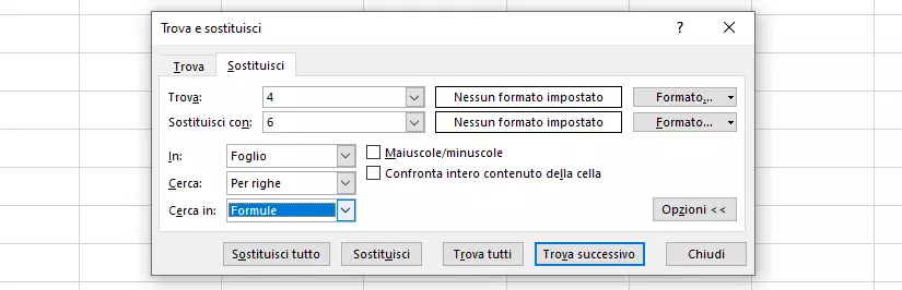 Panoramica delle opzioni avanzate della funzione “Sostituisci” di Excel