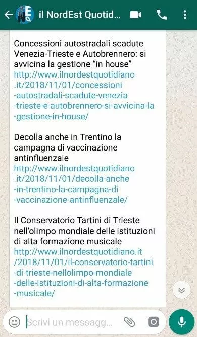 Screenshot della newsletter su WhatsApp de Il NordEst Quotidiano