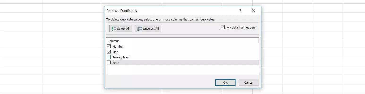 Finestra di dialogo "Rimuovi duplicati" in Excel 2016