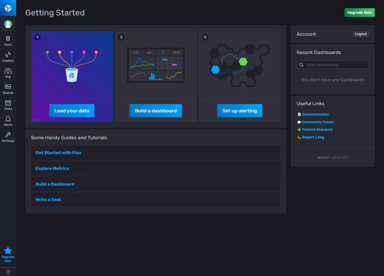 Schermata iniziale di InfluxDB Cloud