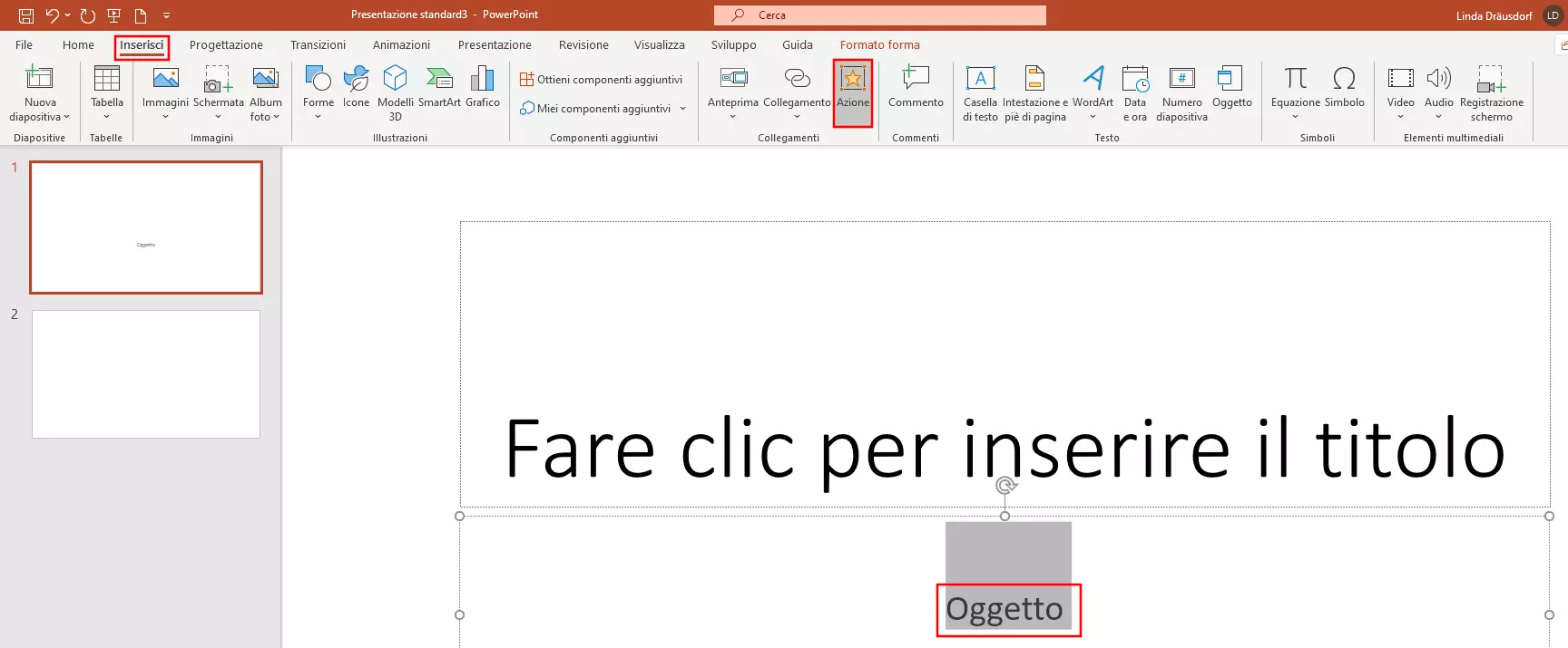 Pulsante “Azione” nella scheda “Inserisci” di PowerPoint