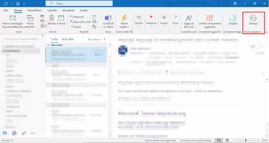 Barra multifunzione Outlook con il nuovo comando “Stampa”