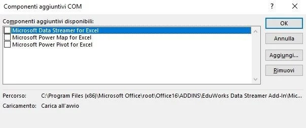 Finestra per la disattivazione dei componenti aggiuntivi COM in Excel