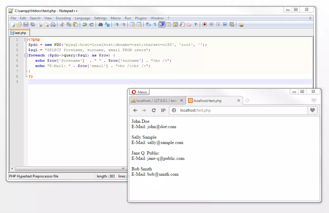 Script PHP con statement SELECT su Notepad++ e la sua visualizzazione sul browser tramite localhost