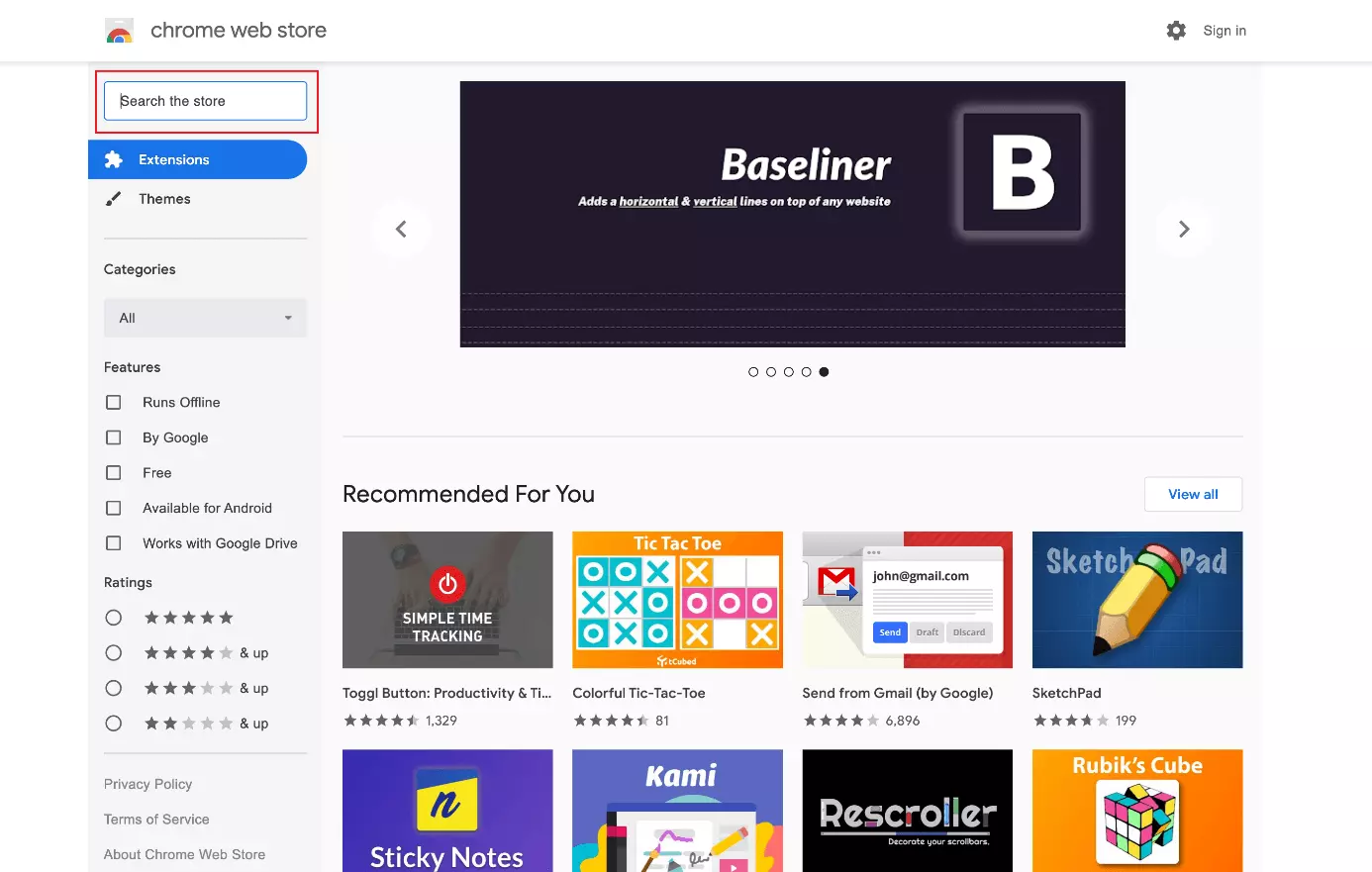 La maschera di ricerca del Google Web Store per trovare gli add-on