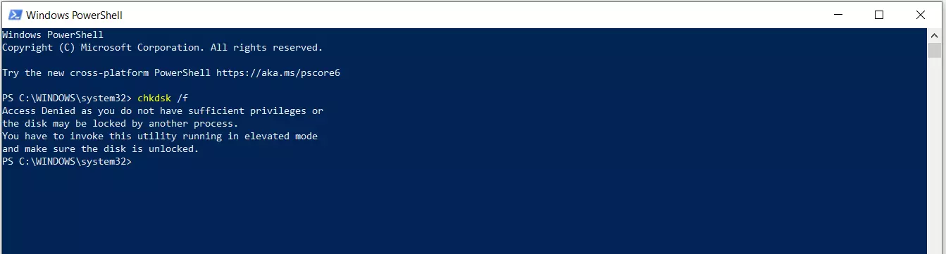 chkdsk nella PowerShell di Windows