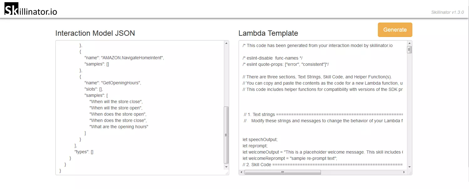 Skillinator.io: creazione del modello Lambda basato sul modello di interazione