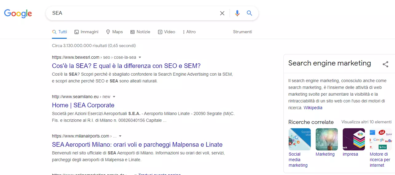 La pagina dei risultati di ricerca (SERP) per il termine "sea"