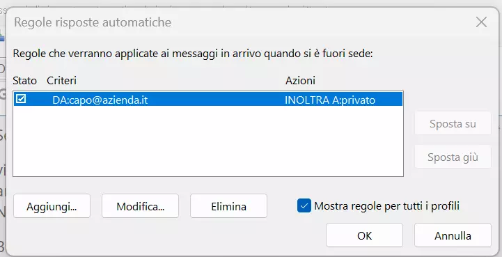 Finestra generale delle notifiche di assenza con Outlook