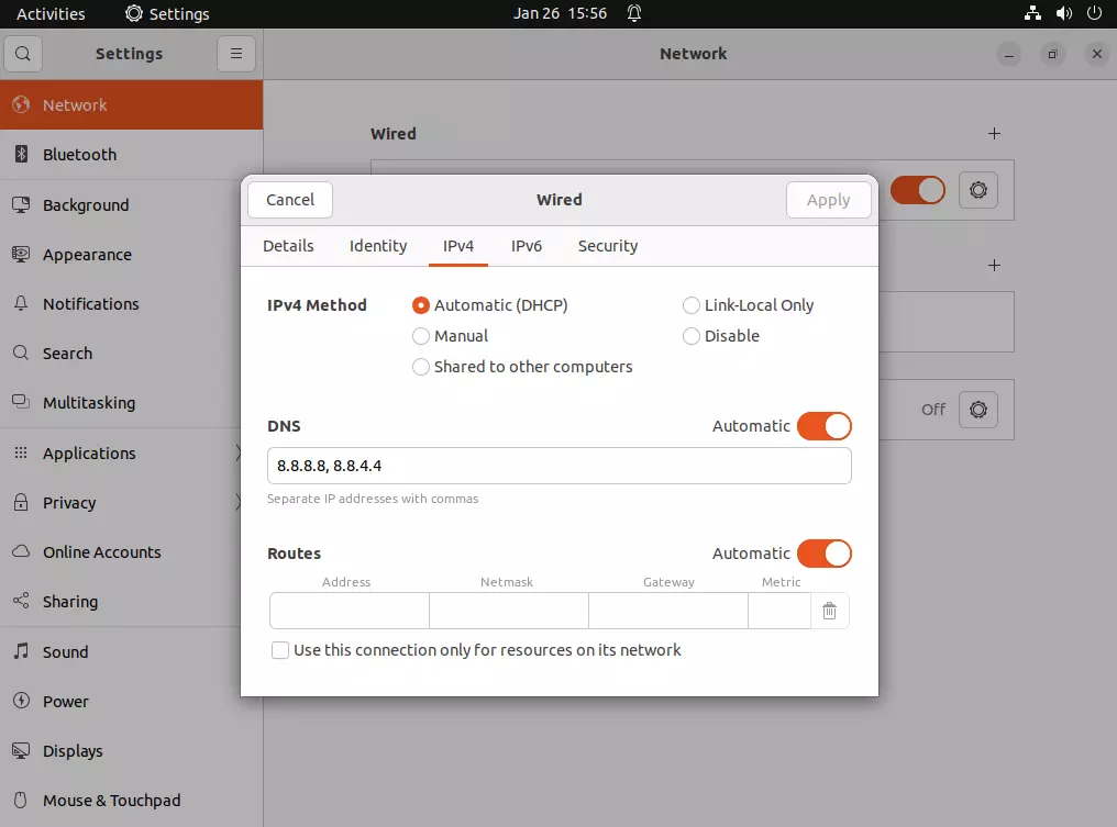 Impostazioni di rete con maschera di input per il server DNS su Ubuntu