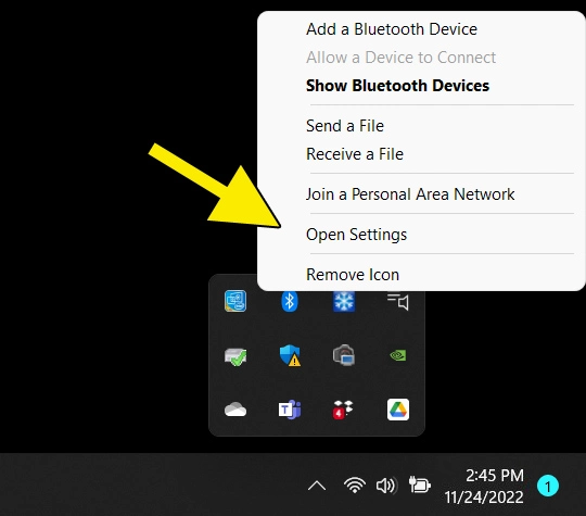 Bluetooth: menu contestuale con la voce “Apri impostazioni”