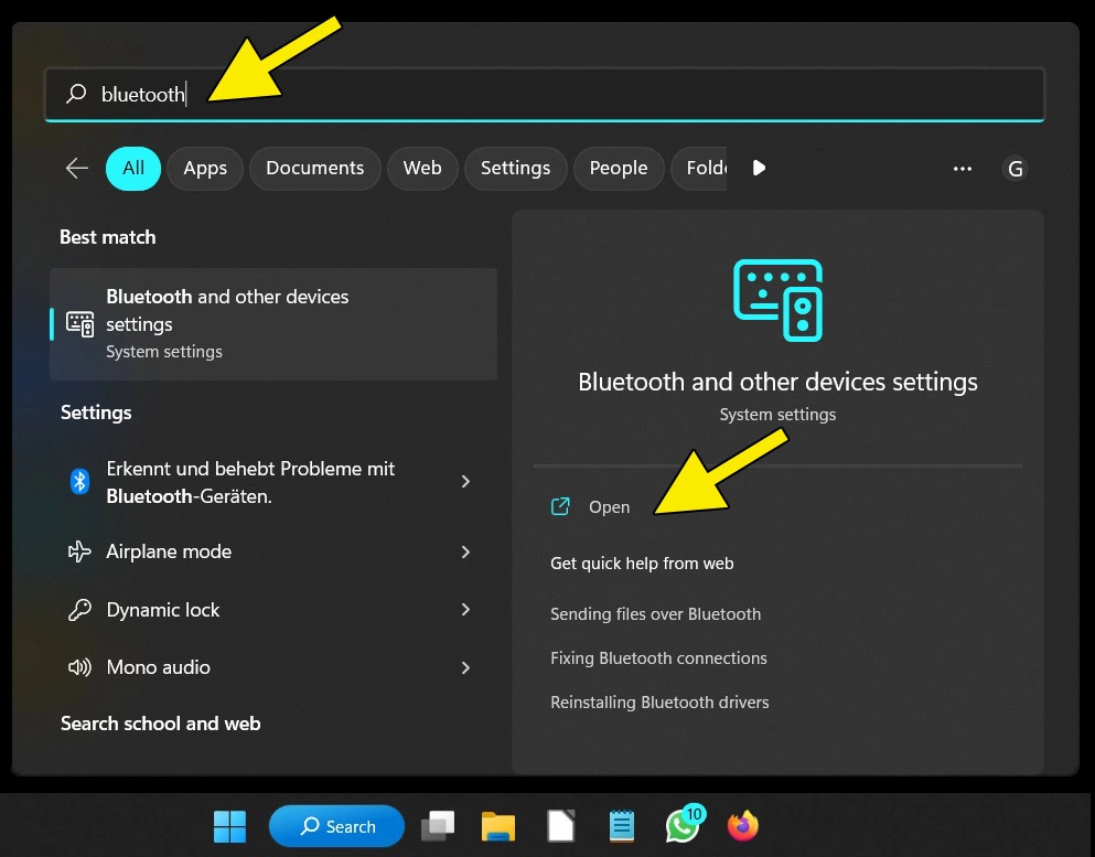 Barra di ricerca di Windows 11: inserimento di “bluetooth” e risultato della ricerca