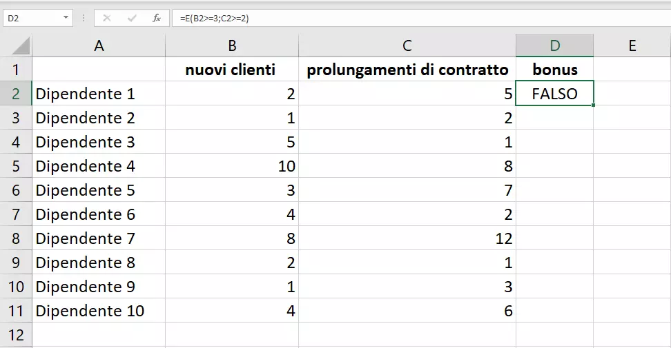 La funzione E di Excel: esempio di risultato della funzione