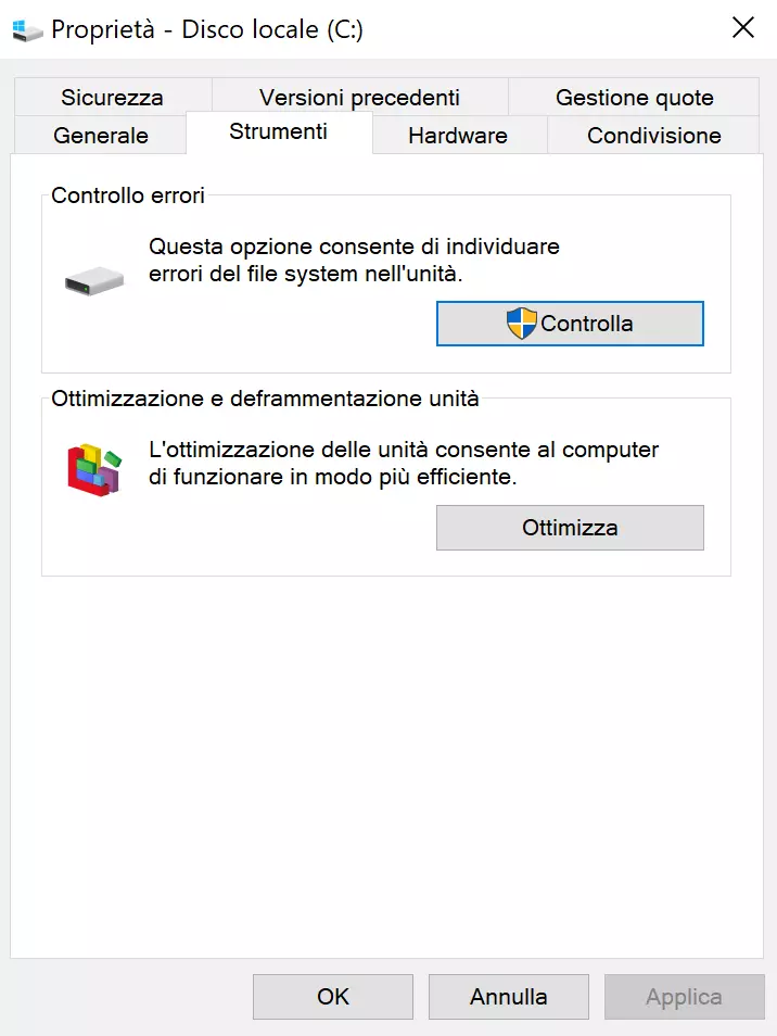 Windows 10: menu “Proprietà” dell’unità