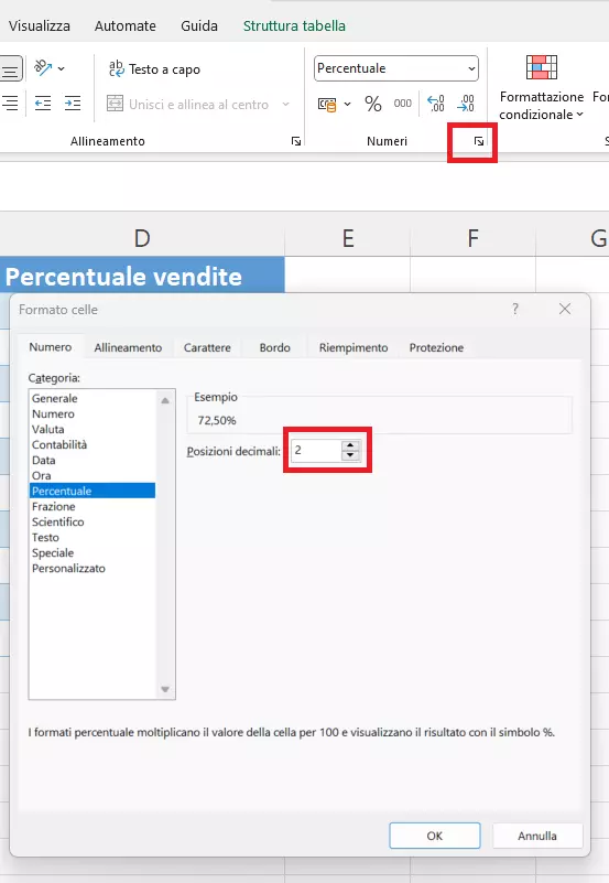 Calcolo percentuale in Excel: formattazione dei decimali