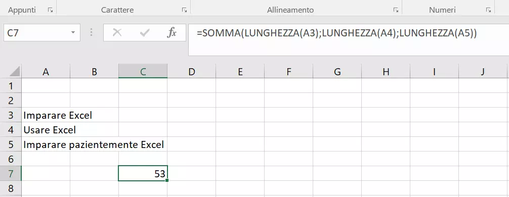 Excel: funzioni LUNGHEZZA e SOMMA nel pacchetto