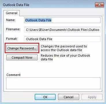 Menu del file di dati di Outlook