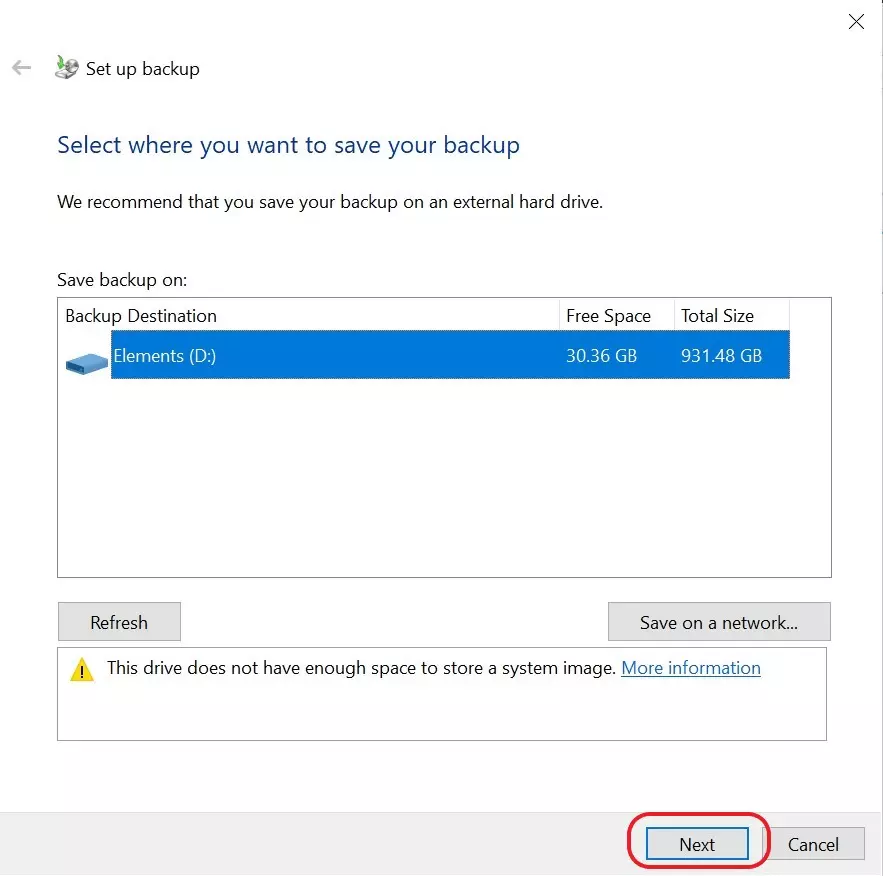 Selezionate l’unità di backup di Windows 10