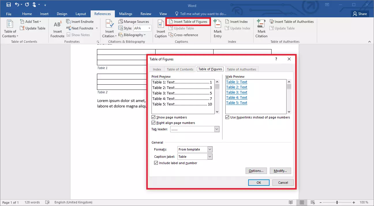 Creare un indice delle figure in Word