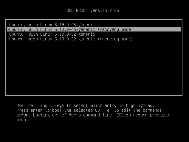 Modalità di ripristino di GRUB per i kernel installati