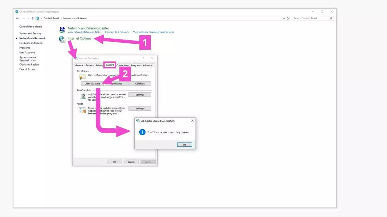 Pannello di controllo di Windows: cancellare la cache SSL