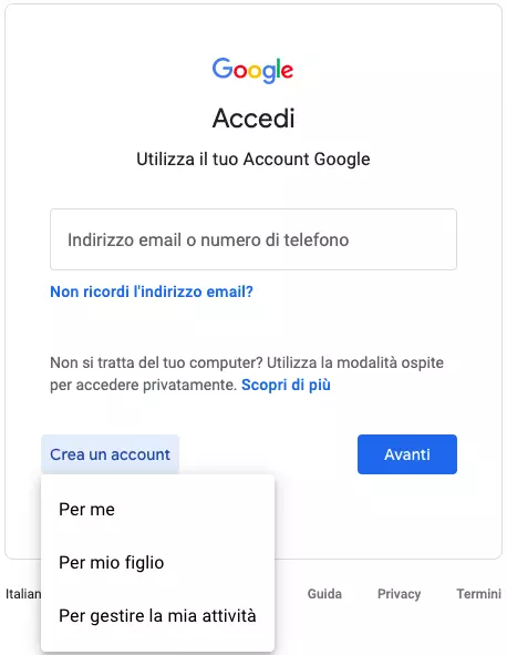 Le opzioni della pagina di registrazione di Google