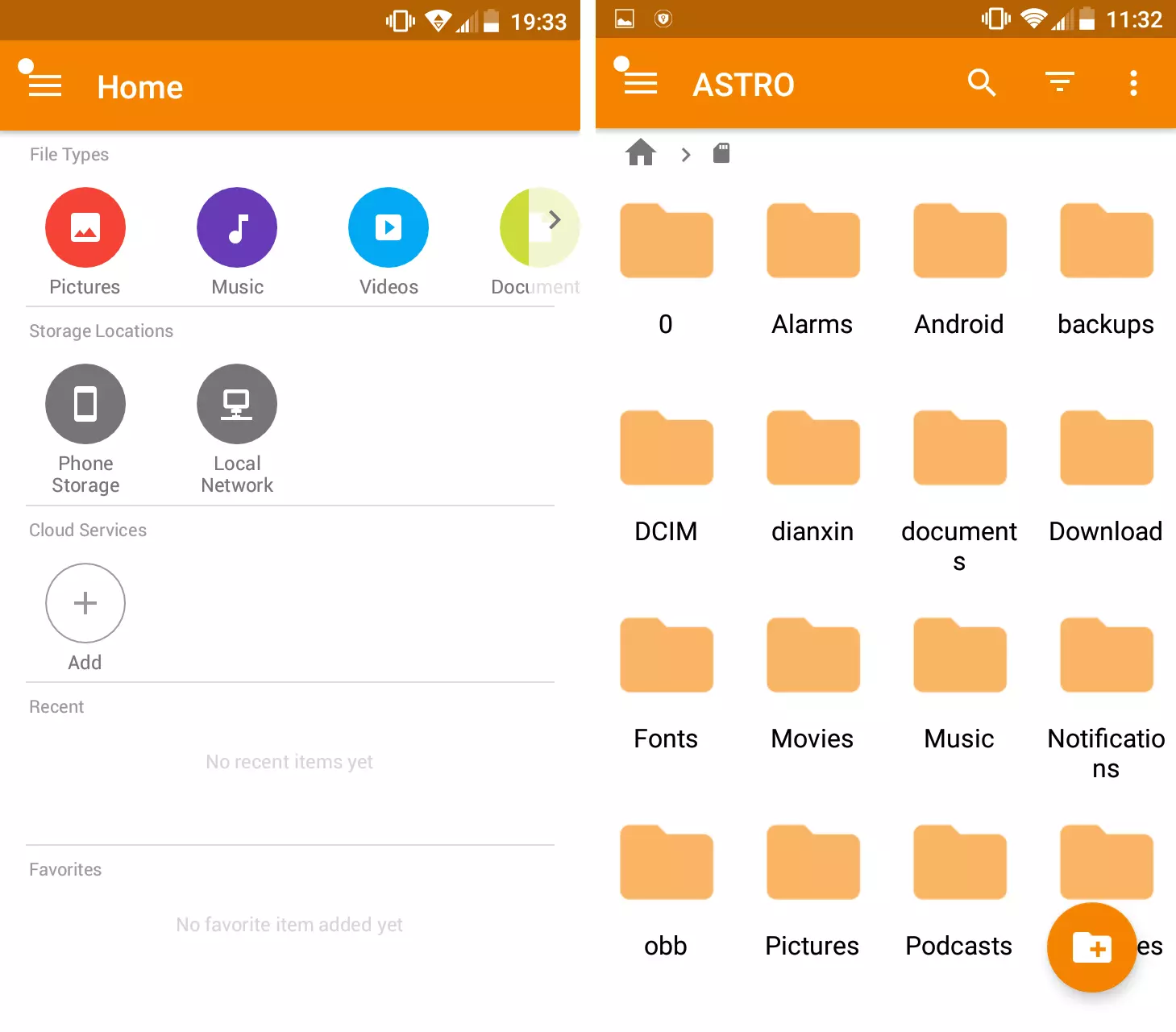 Menu Start e visualizzazione generale dello spazio disponibile su Gestione file ASTRO per Android