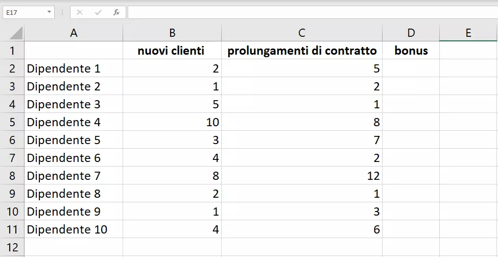 Esempio Excel: creare la tabella